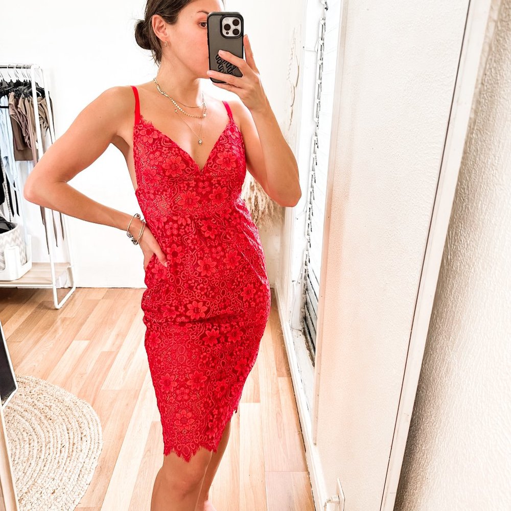 For Love & Lemons Gianna Midi Dress in Red Rust Lace